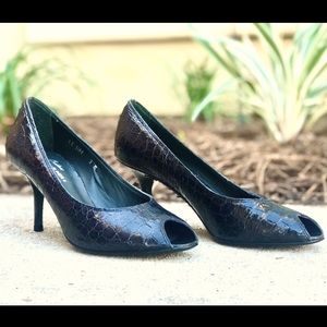 Italian Black Leather Peep Toe Pumps / Heels